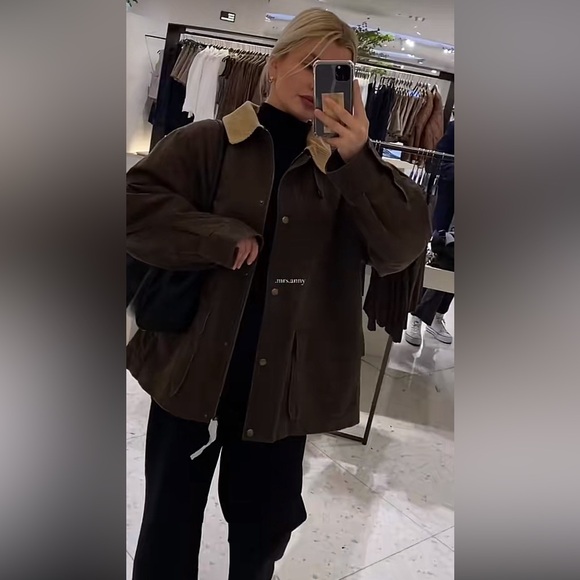 ZARA Oversized Contrast Collar Corduroy Barn Jacket Utility Coat. - Picture 11 of 13